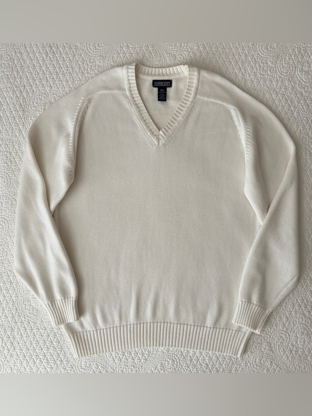 Vintage Lands' End USA Cotton V-Neck Sweater Pullover L Tall Minimalist 90s - Picture 10 of 10